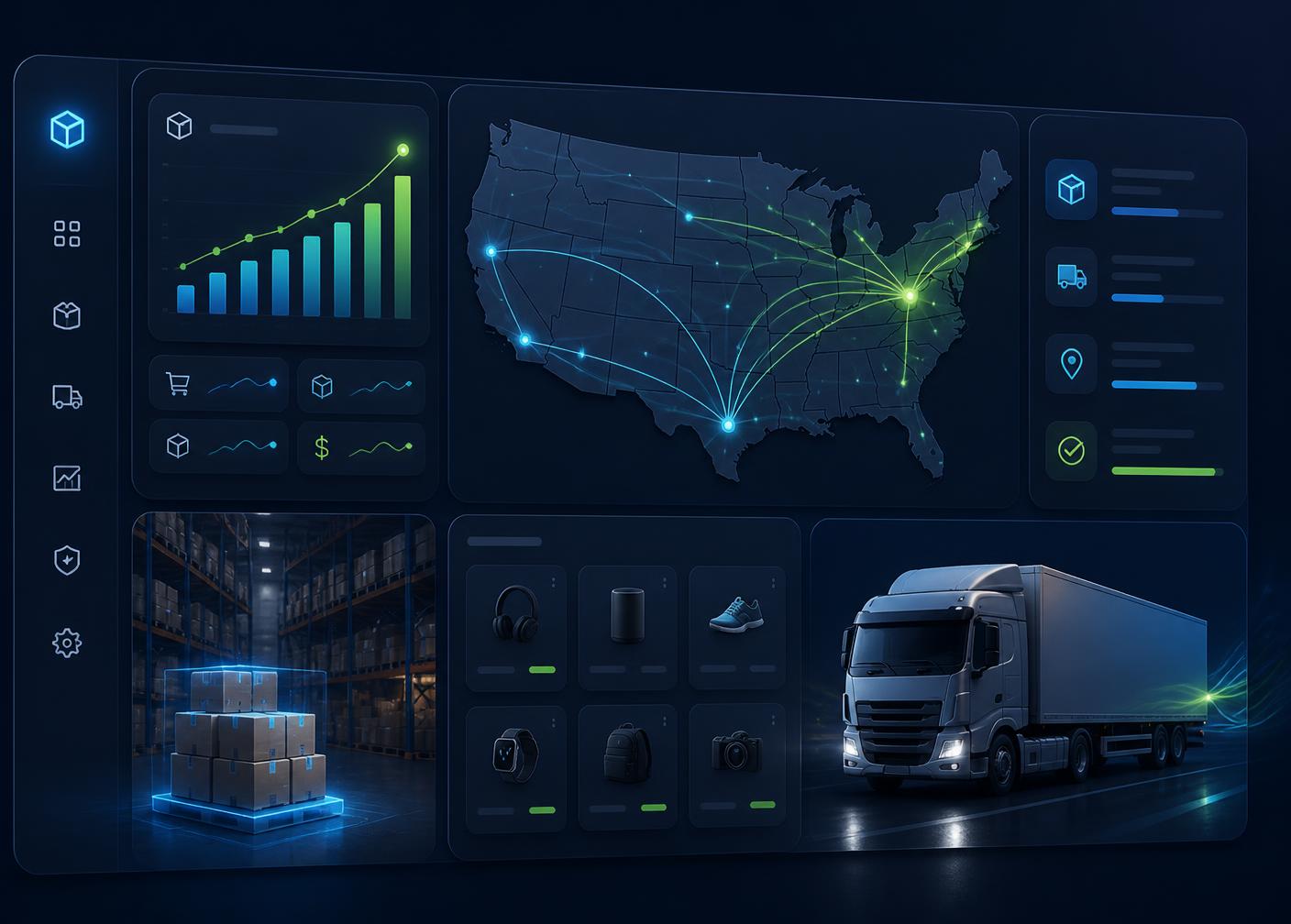 RadianLine BD warehouse dashboard showing US shipping routes, live order analytics, and same-day fulfillment